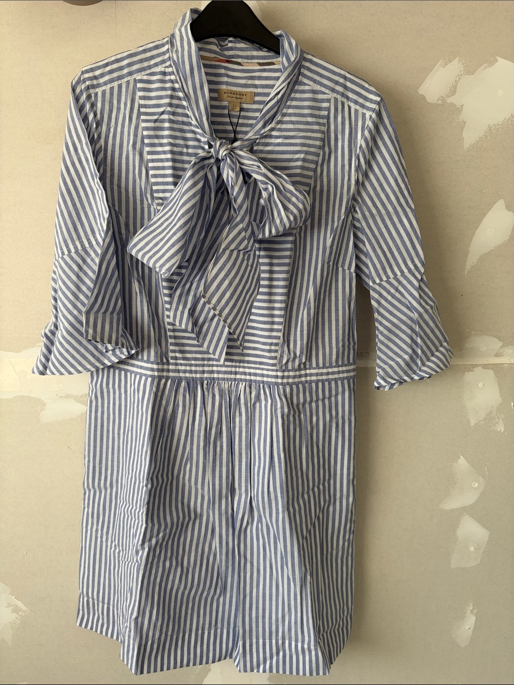 NWT Burberry Dolly Striped Blue & White Tie-Neck Dress size 10